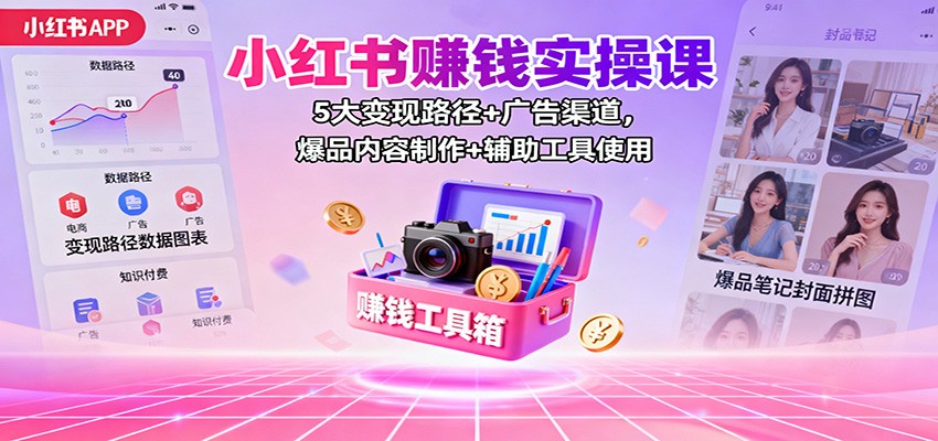 小红书赚钱实操课:5大变现路径+广告渠道,爆品内容制作+辅助工具使用-野草资源库
