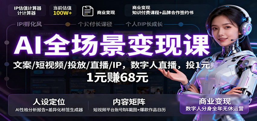 AI全场景变现课：文案/短视频/投放/直播/IP，数字人直播，投1元赚68元-野草资源库