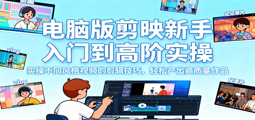 电脑版剪映新手入门到高阶实操,实操不同风格视频的剪辑技巧,轻松产出高质量作品-野草资源库